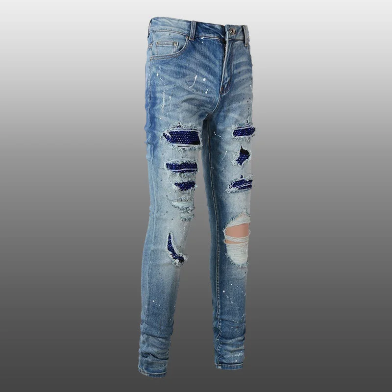 

Stitching Blue Retro Rhinestones Street Hole Motorcycle Pant Punk Jeans Hip Hop Ripped Designer Bootcut Jean For Men