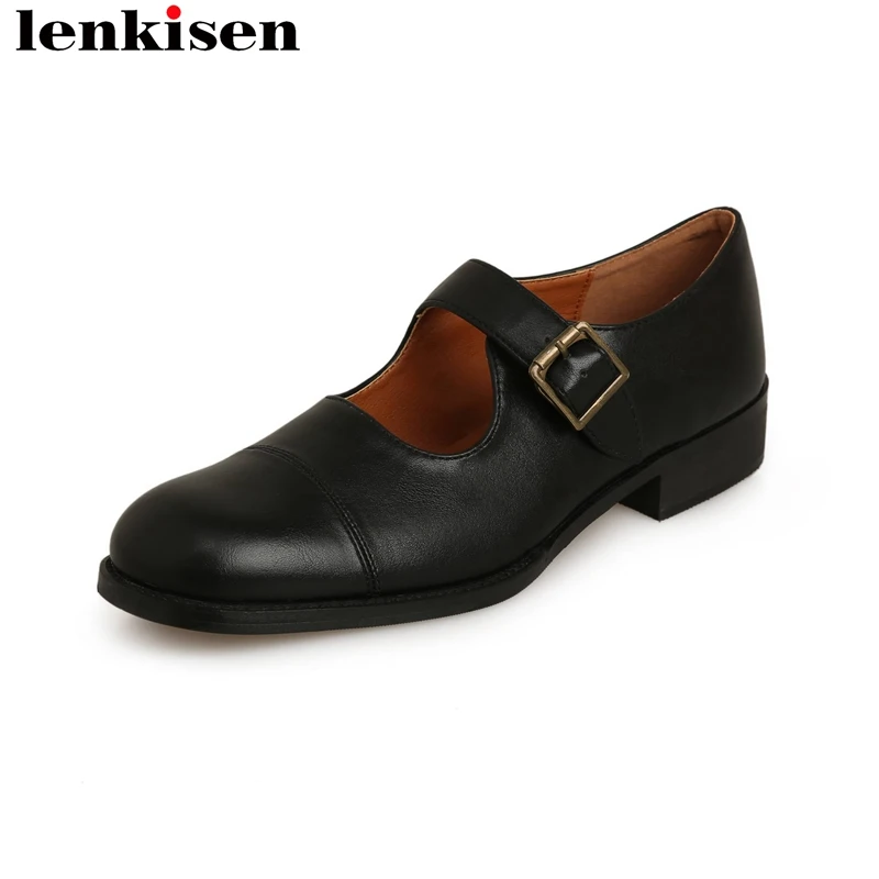 

Lenkisen Superstar Cow Leather Round Toe Low Heels Summer Shoes Office Lady Vintage Buckle Straps Concise Fashion Women Pumps