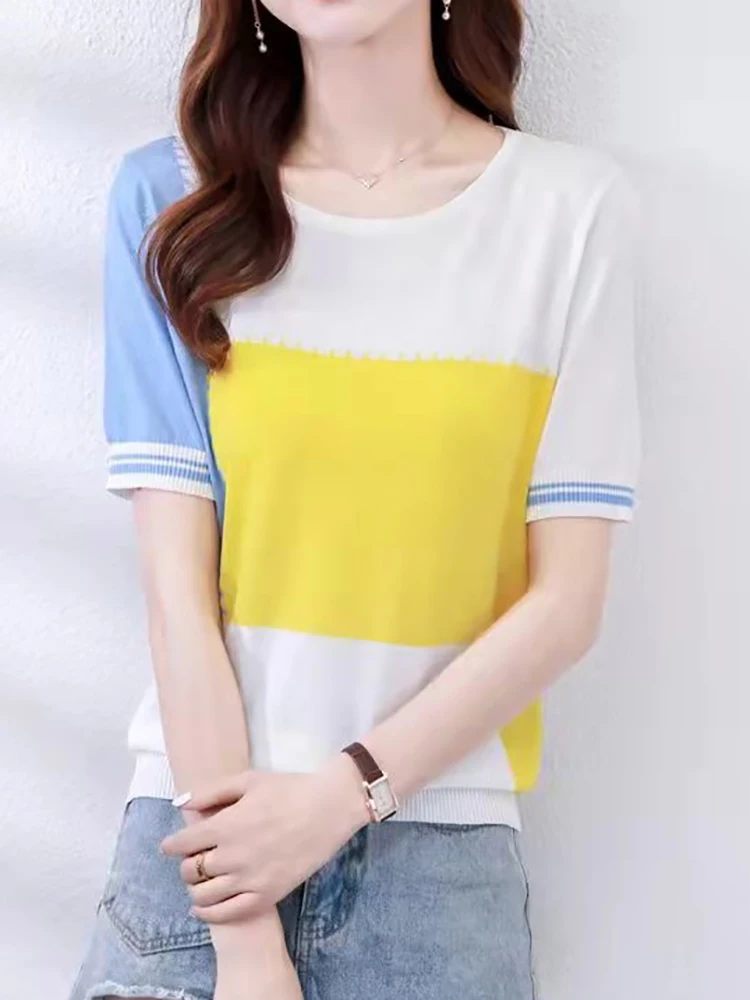 

Thin Striped Knitted T Shirt Women Short Sleeve Tee Shirt Femme Korean Style Clothes T Shirts Woman Camisetas Mujer Summer Tops
