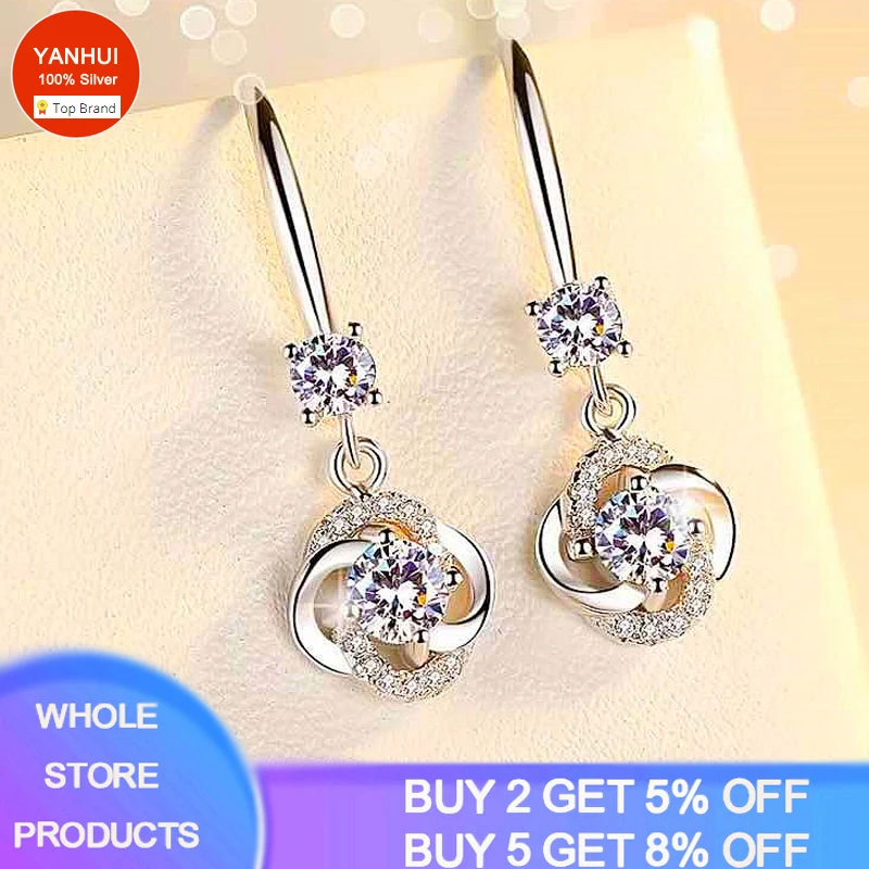 

Women's Real Tibetan Silver 925 Earrings White Zircon Earrings Women Cute Fashion Jewelry Geometric Crystal Flower Drop Earrings