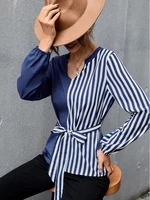fashion elegant striped shirts women v neck bandage casual commute tops spring autumn streetwear blue white flare sleeve tees