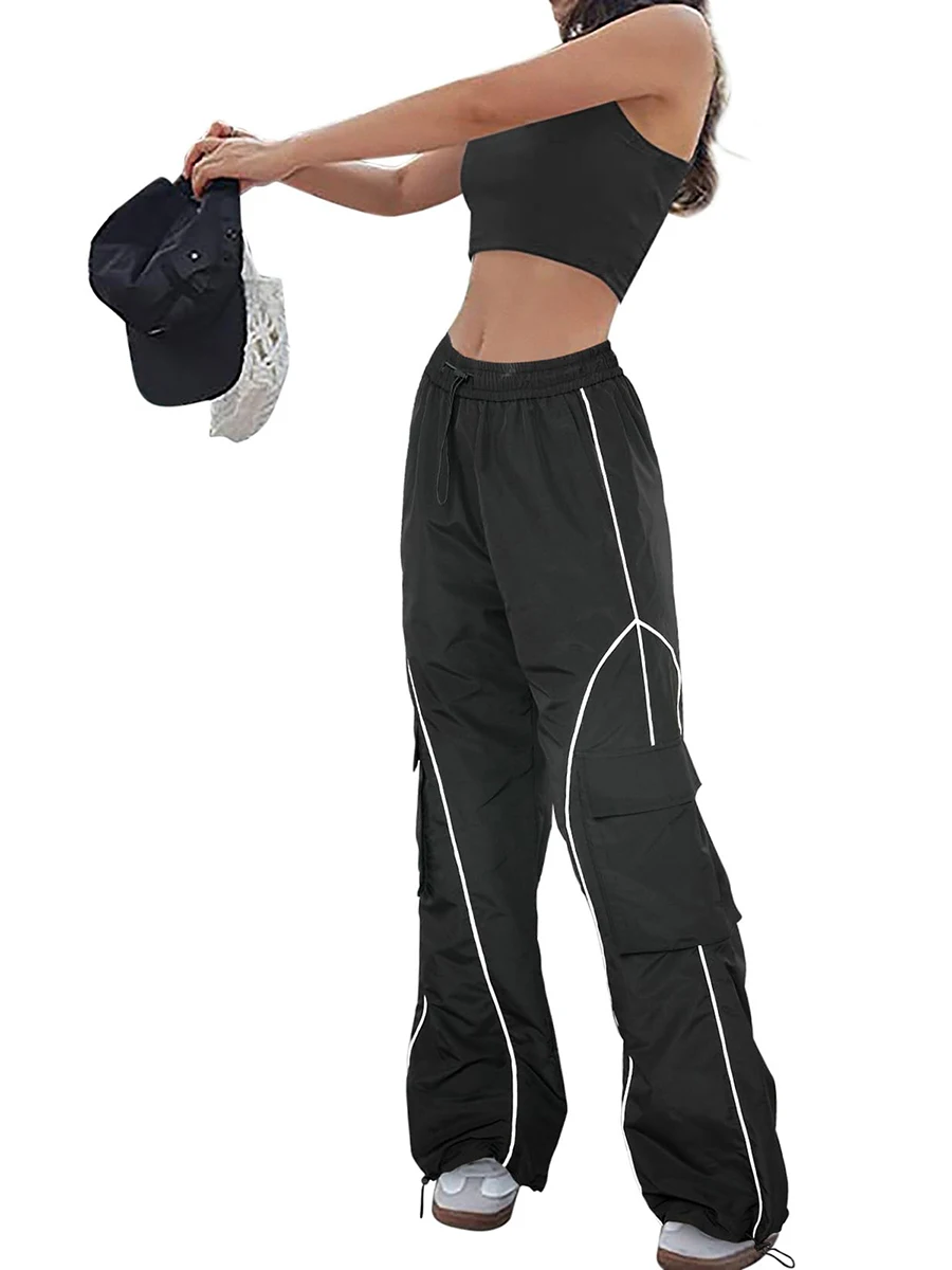 

Брюки-карго женские с широкими штанинами, Свободные мешковатые тренировочные штаны на шнуровке, с эластичным поясом, уличная одежда с карманами, однотонные