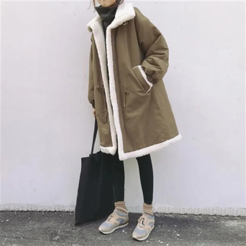 

Cotton-padded Jacket Women Mid-length Winter Imitation Lamb Wool Long Coat Loose Parka Manteau Femme Hiver Thickened Coat 2022