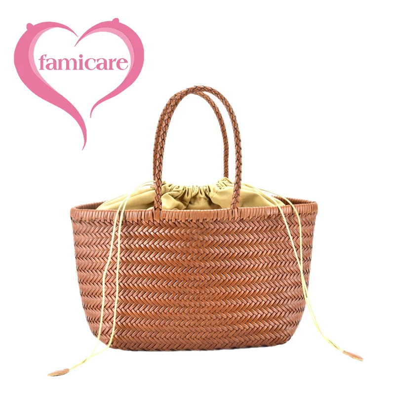 Women's Bag Large Capacity Woven Handbag Split Leather Retro French Vegetable Basket Packs Female Weaving Tote Shoulder Bag