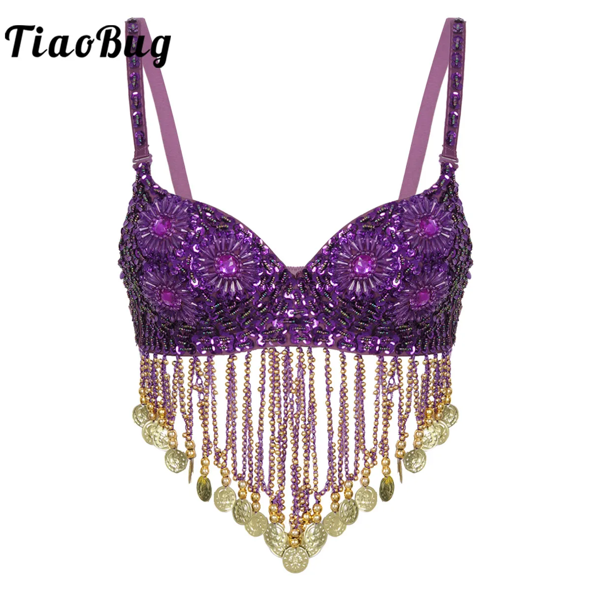 

Women Belly Dance Costume Bra Top New Halter Sparkly Sequins Glitter Fringed Push-Up Bra Rhinestones Rave Party Dance Costume