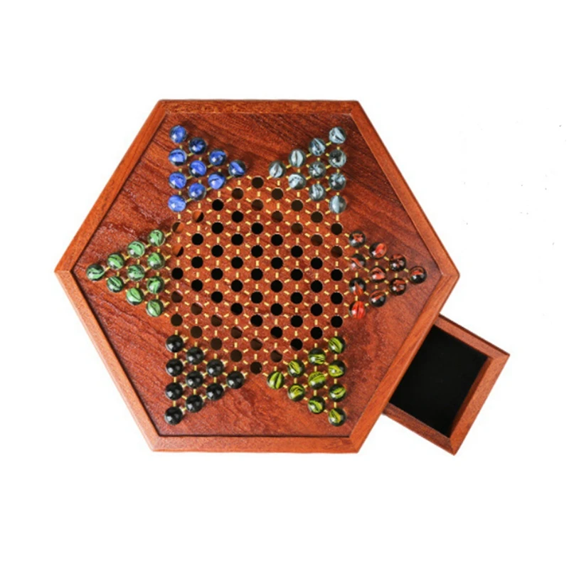 

High-Grade Hexagonal Wooden Checkers Board Drawer-Type Checkers 16Cm Children's Adult Puzzle Checkers Set Glass Ball