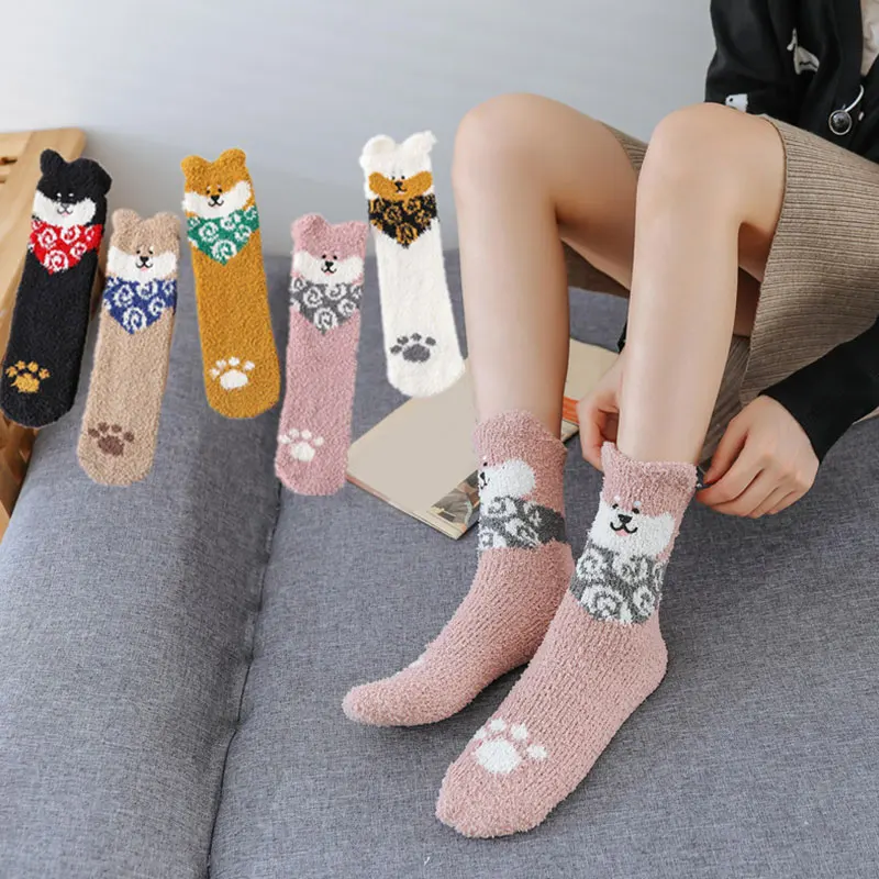 

Thick Women's Socks Cute Sweet Plus Velvet Cartoon Cat Paw Socks Student College Style Coral Fleece Tube Girl Sock