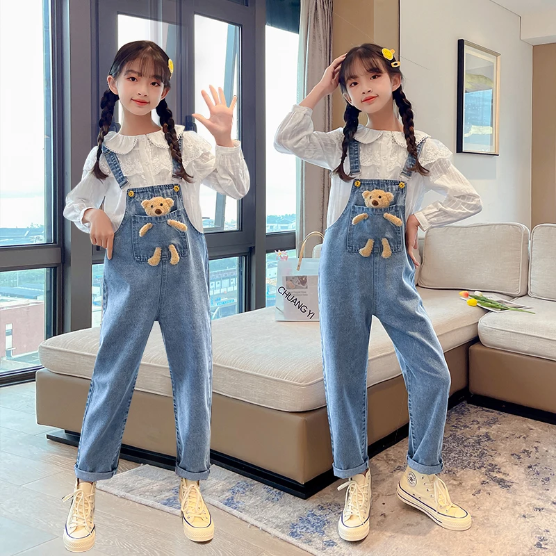 Kids Overalls Jeans for Girls 2022 Children Denim Bib Jumpsuit Pockets with Bear Spring Autumn Teenage Girls Suspender Trousers