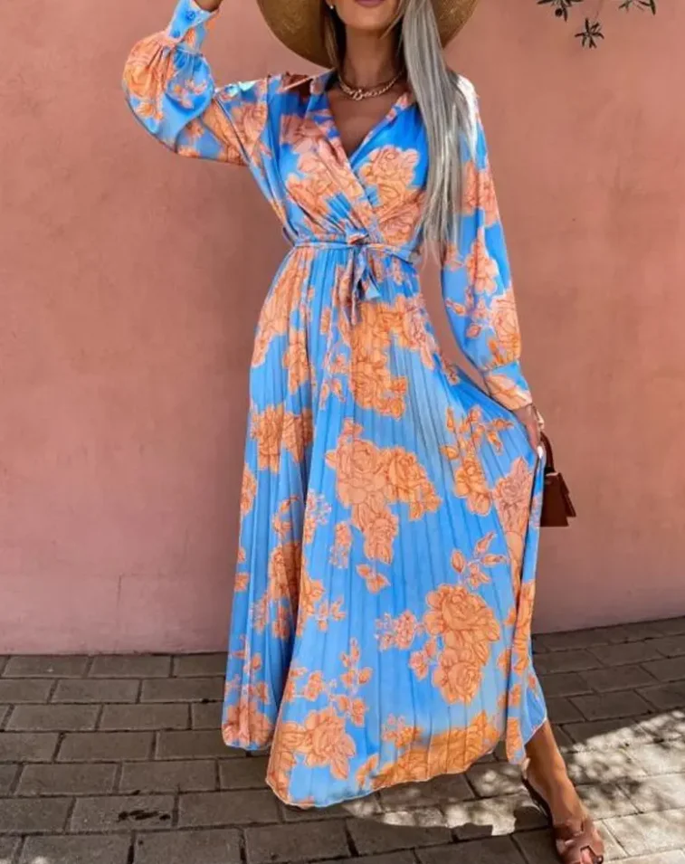 

Elegant Women's Dresses 2022 Summer Daily Floral Print Long Sleeve Casual Turn-Down Collar Pleated Maxi Shirt Dress with Belt