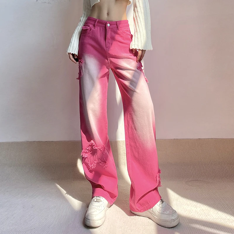 

Джинсы женские в стиле ретро, прямые штаны с завышенной талией и карманами, повседневные брюки МОМ в уличном стиле, джинсы из денима, розовые