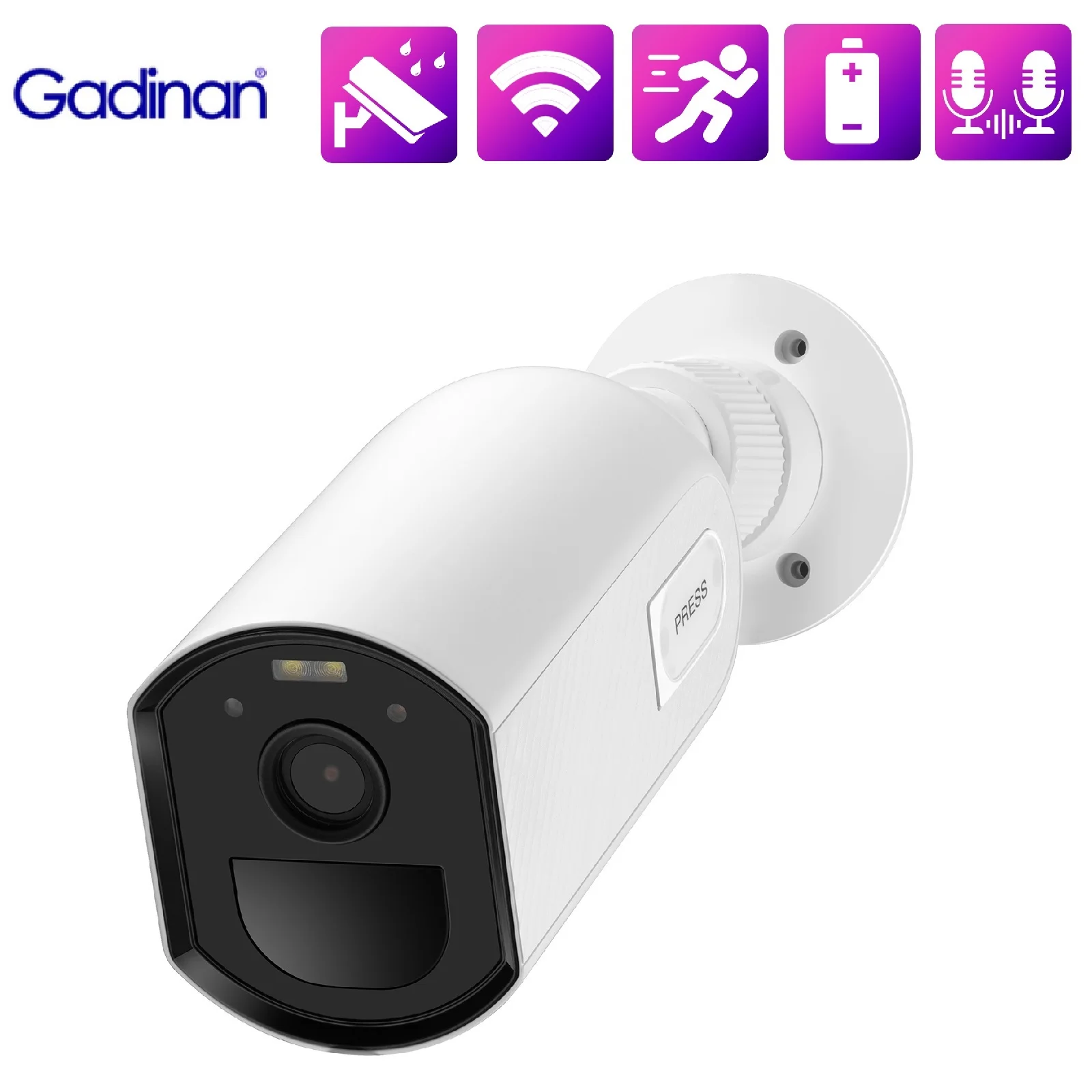 Gadinan AI Motion Detection 3MP WiFi Battery Camera H.265 Motion Detection Wake-Up Smart Home Two Way Audio Camera IP66 Monitor