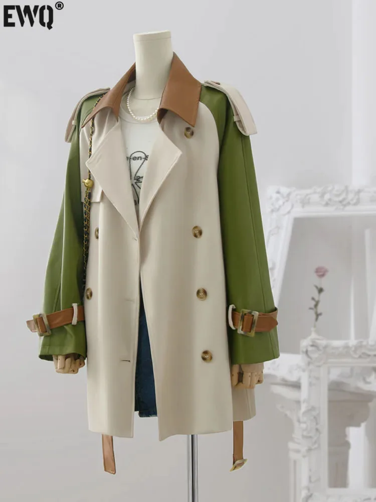 

[EWQ] Outwear Loose Women Windbreaker Green Long Sleeve High Quality Women's Clothing Fashion Trench Coat 2023 Autumn New U4219