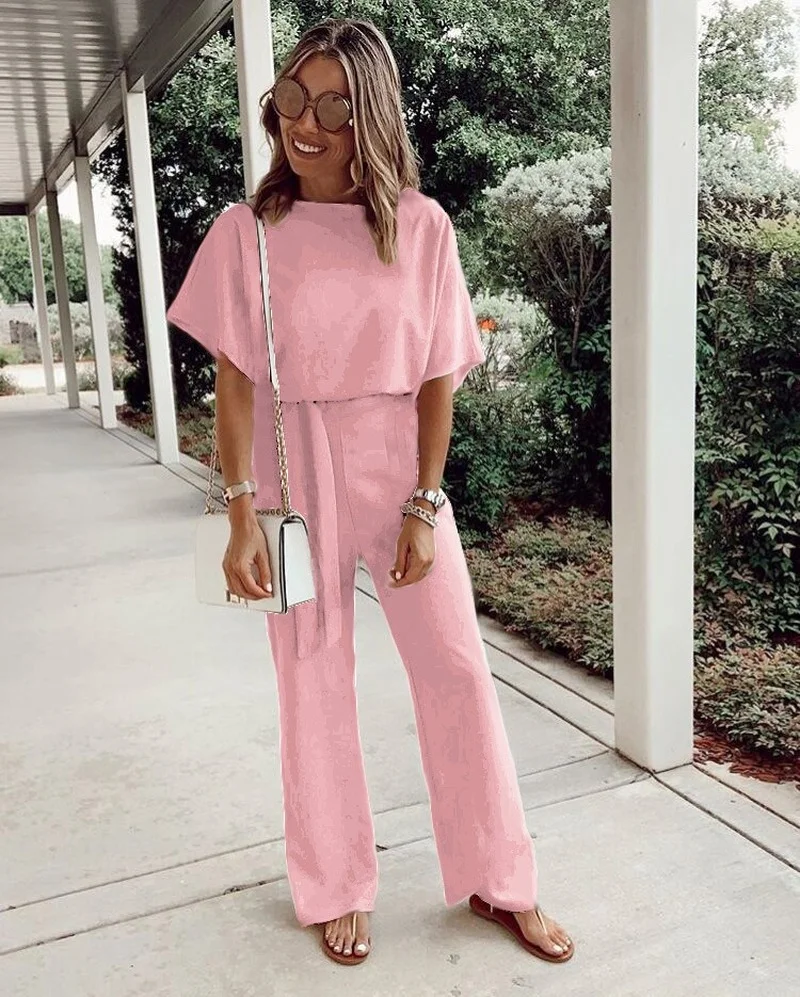 2023 New Loose Casual Lace Up Short Sleeves Jumpsuits Women Summer Solid Color Pockets Mature Wide Leg Pants Rompers OL Female