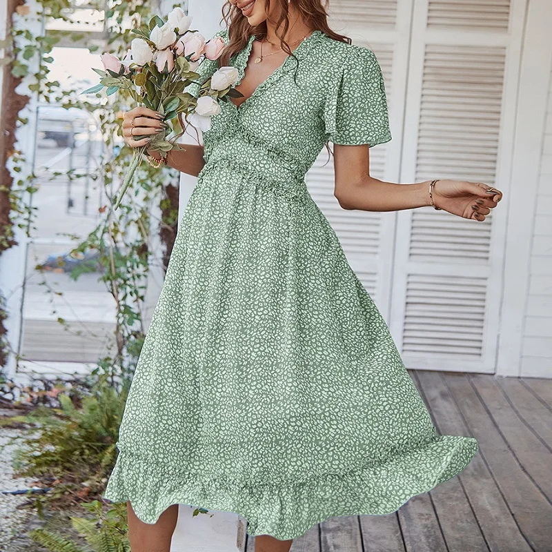 

Elegant Fashion Sexy Leopard Dress Women Summer Dresses 2022 NEW V-Neck Ruffle Short Sleeves Big Swing Vacation Boho Beach Dress