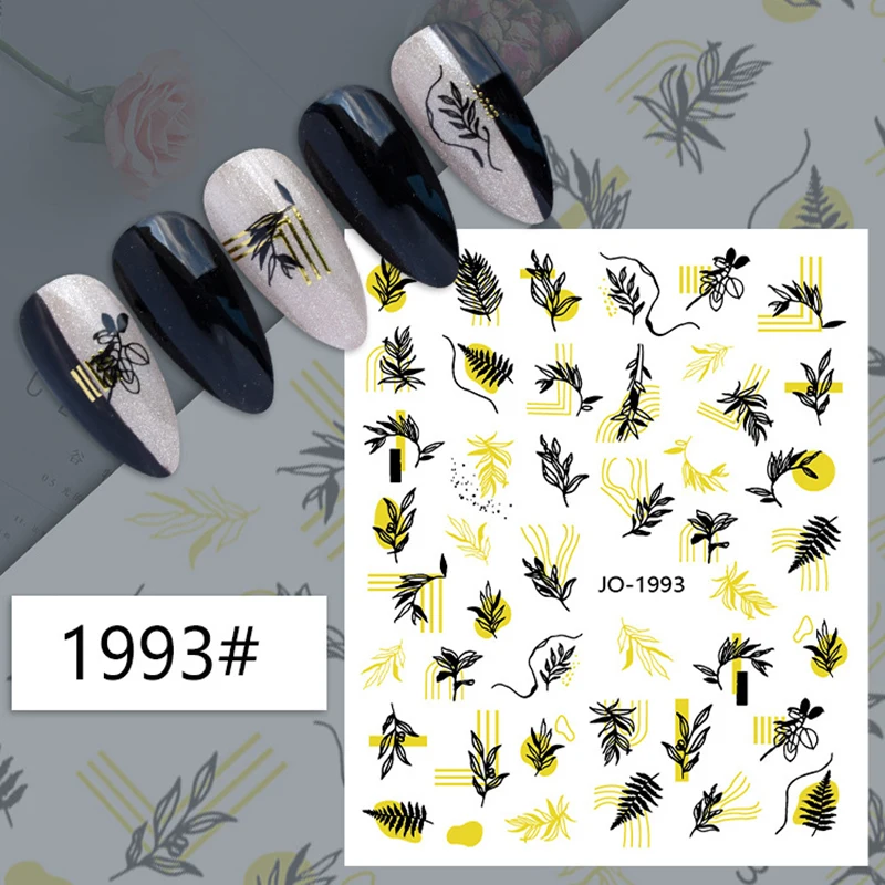 3D nail art stickers black gold laser foils press on nails summer decals sliders decorations flower leaf star adesivi naklejki