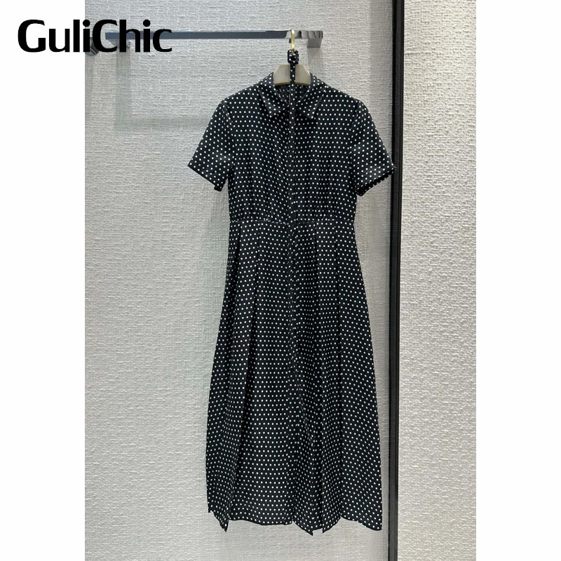 

Женское Элегантное однобортное платье-миди в горошек с коротким рукавом