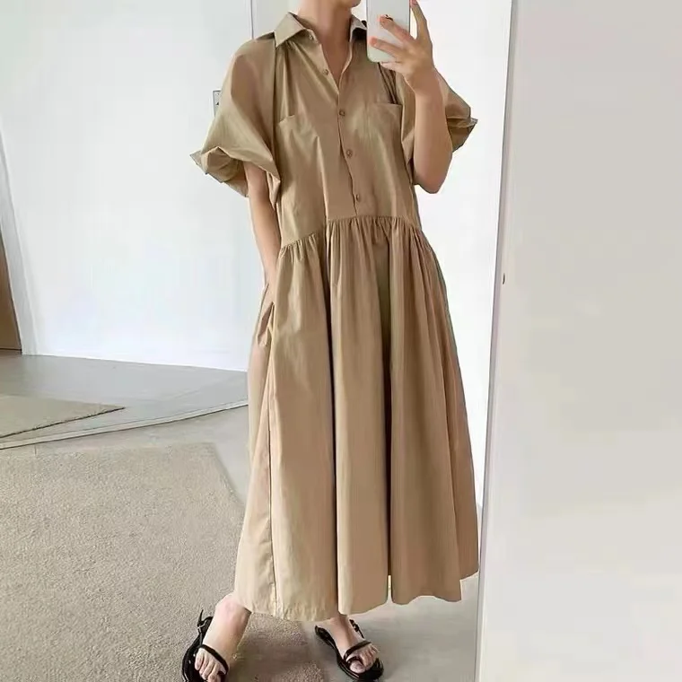 Женское платье-рубашка с коротким рукавом-фонариком и отложным воротником