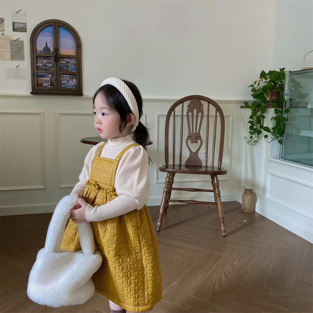 

New Autumn Kids Suspender Skirt Children Warm Fleece Padded Dress Girls Outwear One Piece