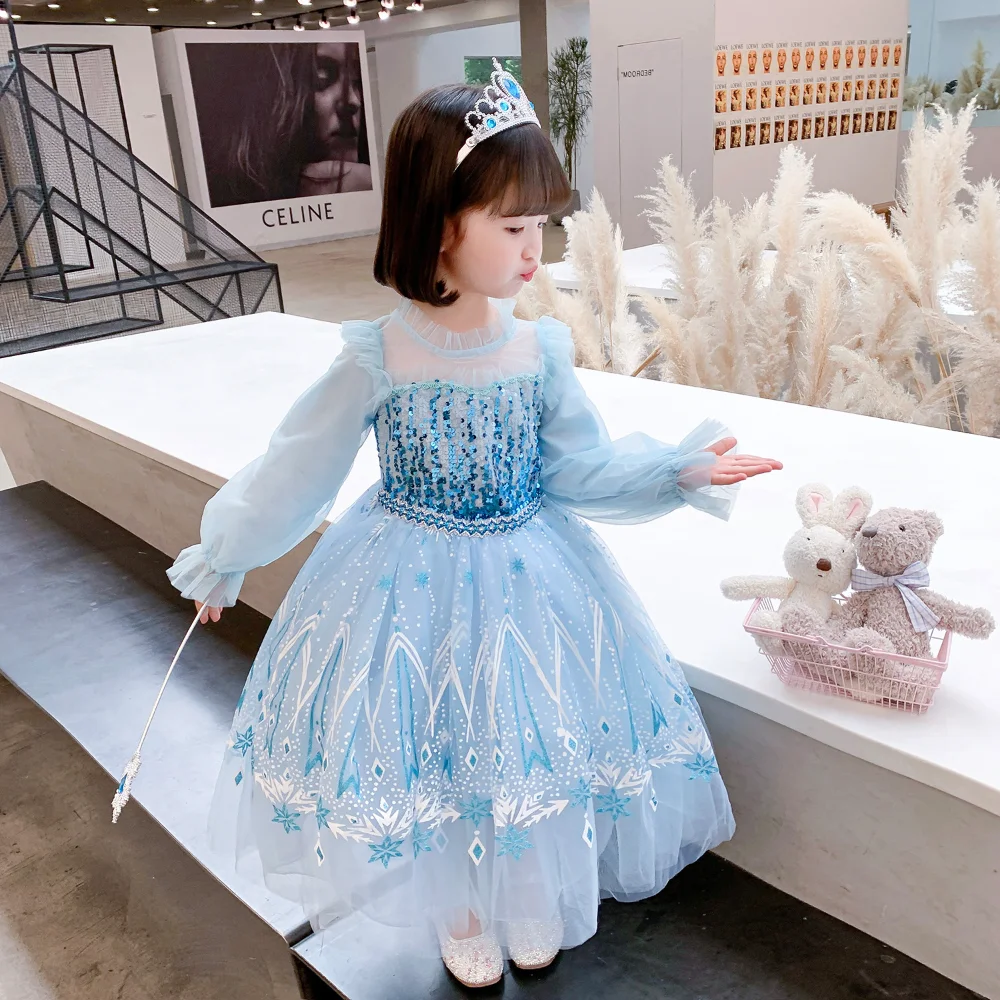 

Fancy Girl Snowflake Long Sleeve Elsa 2 Princess Dress Long Cloak Children Shining Sequin Birthday Party Dress Kids Elsa Dresses