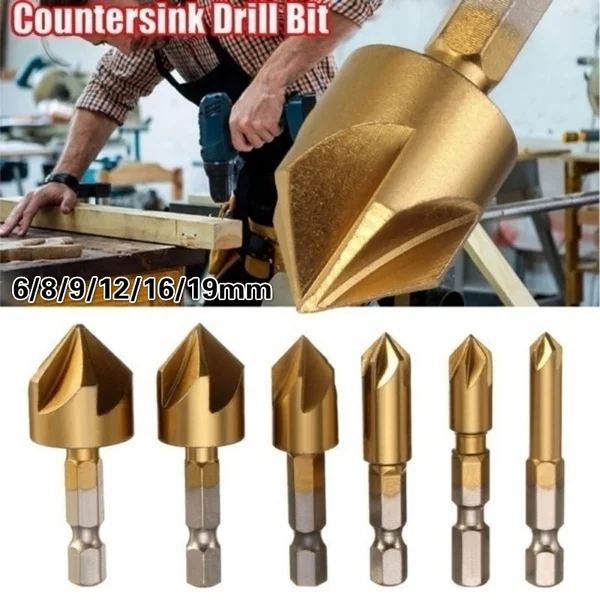 

6/4/2/1 Pcs Titanium-plated Five-blade Chamfering Knife Drill Set 1/4'' Hex Shank Wood Chamfering Tools 6mm-19mm Hand Tools