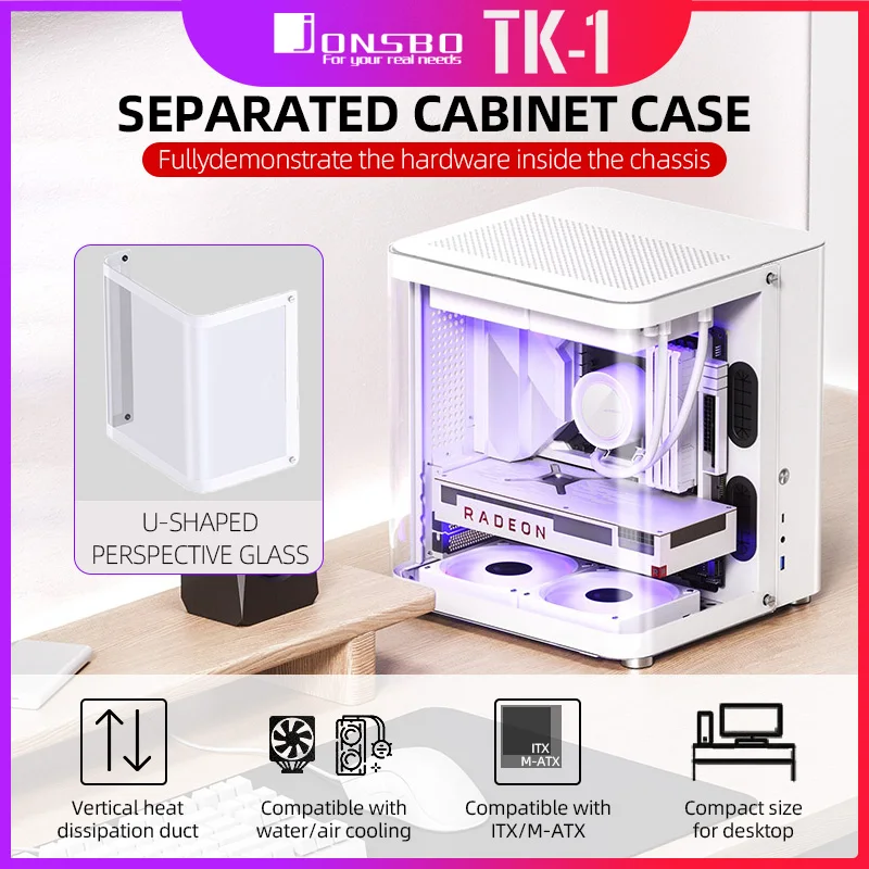 JONSBO TK-1 M-ATX ITX Case Ring Tempered Glass Side Penetration E-sports Seaview Room Desktop Computer White Small Chassis