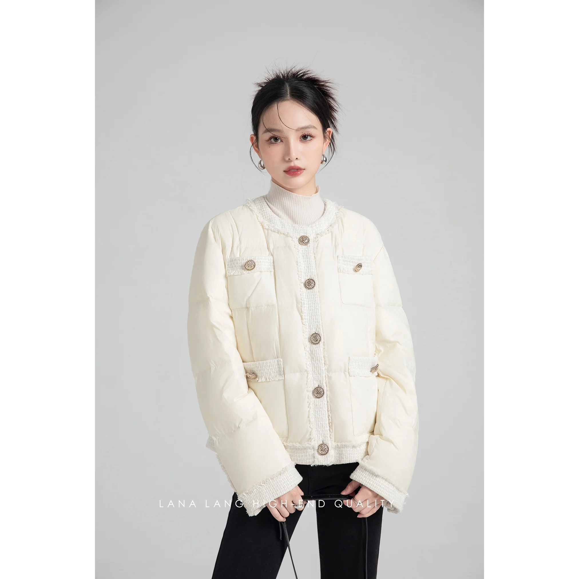 Женский клетчатый тканый пуховик Ажур [s 2-3 Fold] новинка 2023 верхняя одежда с круглым