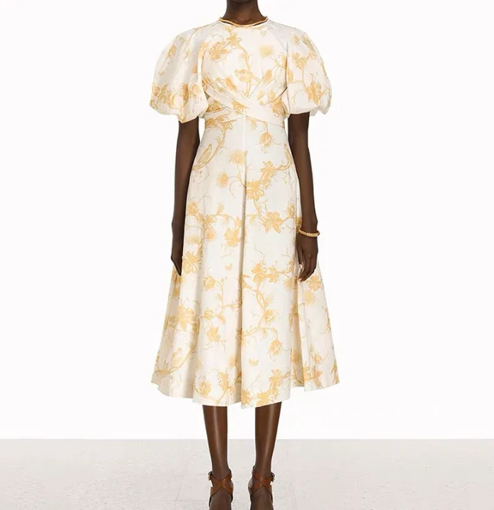 

Женское льняное платье миди, желтое платье с цветочным принтом в пляжном стиле, весна 2023