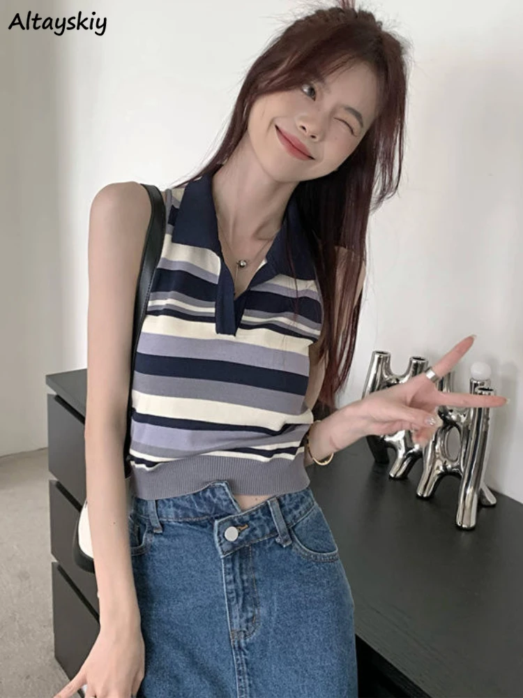 

Женские трикотажные майки в полоску в стиле ретро, летняя стильная повседневная универсальная укороченная индивидуальная уличная одежда ...