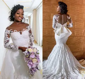 Luxury African Long Sleeves Mermaid Wedding Dress With Detachable Train Tulle Lace Applique Beads Plus Size Bridal 2022