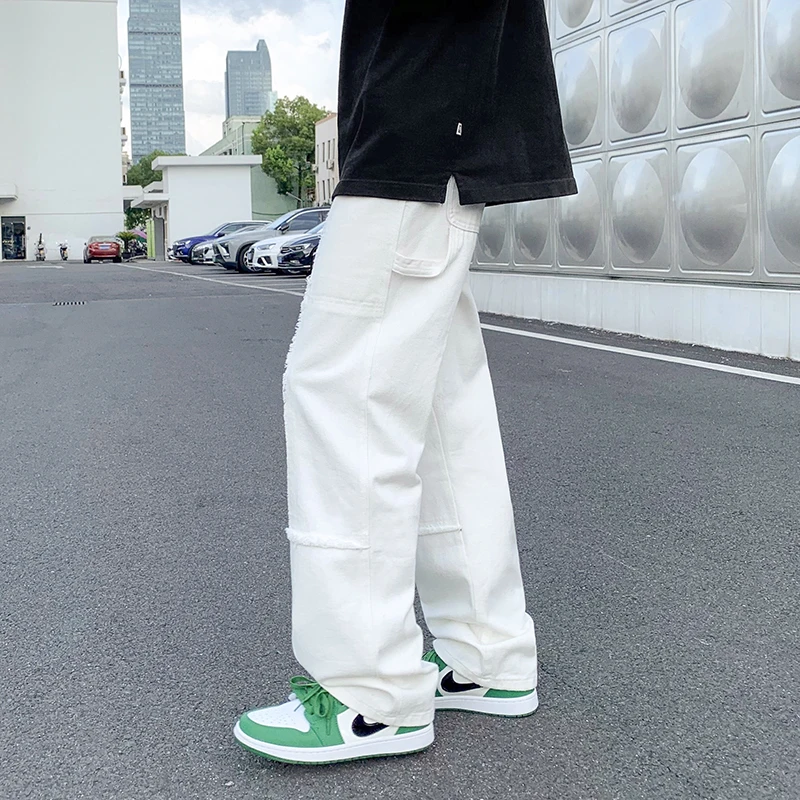 Spot2021New High Street Fashion Brand Dark Stitching Edging Loose Straight Hong Kong Style All-Matching Mop Draping Jeans