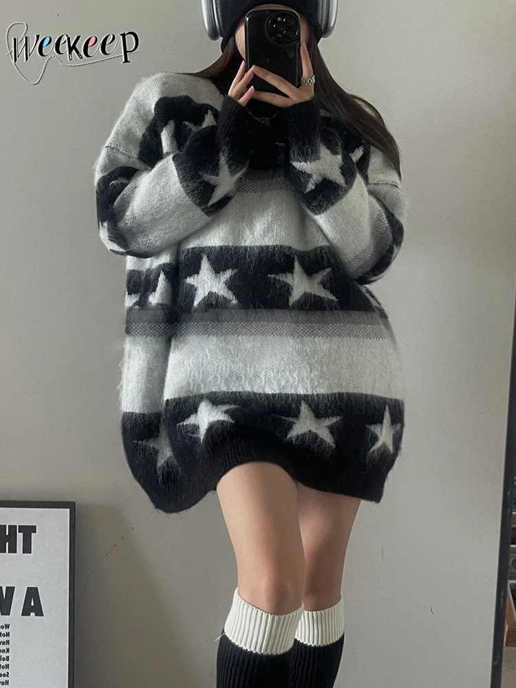

Weekeep y2k Star Oversized Sweater Vintage Striped Print Loose Full Sleeve Jumpers Pullovers Women Streetwear Sweaters 2022 New