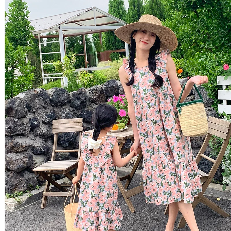 

Sweet Mother Daughter Dresses Family Matching Outfits 2023 Clothes Sleeveless Floral Baby Women Girls Dress Clothing