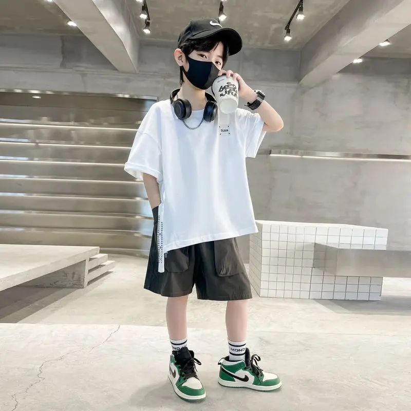 

Летние комплекты для мальчиков 2023, Детская футболка с коротким рукавом + свободные короткие брюки, детская повседневная одежда, одежда для мальчиков от 5 до 14 лет