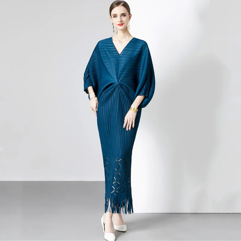 

Loose Batwing Long Sleeve V-Neck Slim Tassel Patchwork Women Hollow Out Maxi Dress Autumn New High Waist Bodycon Vestidos