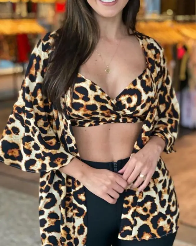 

Leopard Print Tied Detail Crop Top with Blouse 2022 Summer Sexy Women's Two Piece Sets Shirts