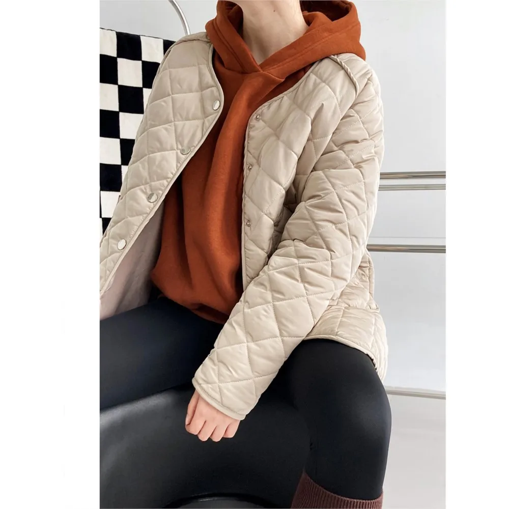 B-TOTO Cotton Coat Rhomboid Cotton Padded Jacket Women's Autumn Winter Solid Color Singel Button Loose Fashion Small Warm Coat
