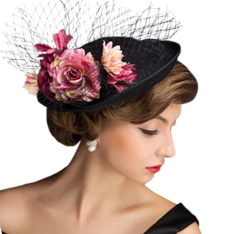 

Black Veils Fascinator Hat Women Elegant Church Wedding Flower Headpiece Net Headwear For Race Fedora Cap Ladies Bride Chapeau