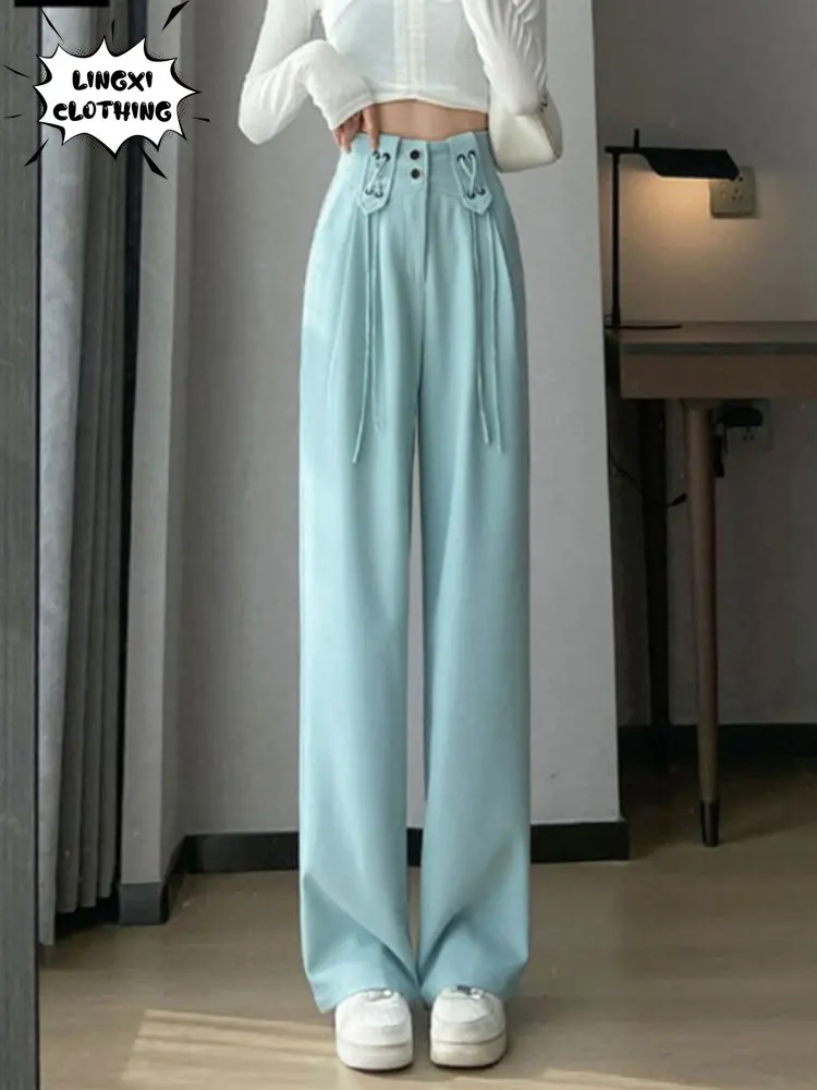 Light Blue Drawstring Narrow Wide Leg Straight Suit Trousers High Waist Drape Summer Professional Women Sweatpants Korean Style