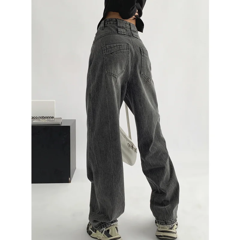 

Осенние новые женские брюки темно-серые мешковатые прямые джинсы в американском стиле ретро с высокой талией и широкими штанинами