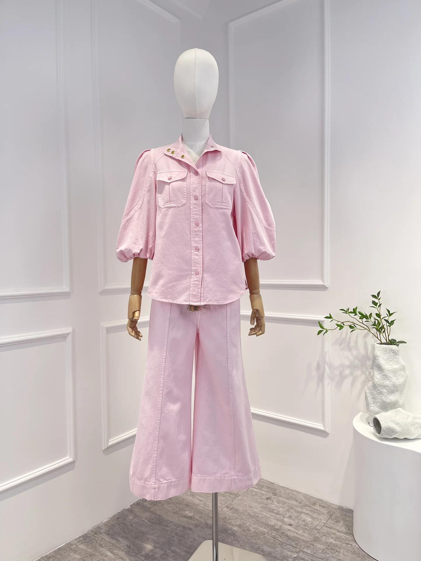 

2023 Spring Summer Solid Pink Woman Top Quality Casual Light Denim Blouse Pants with Belt Set Women