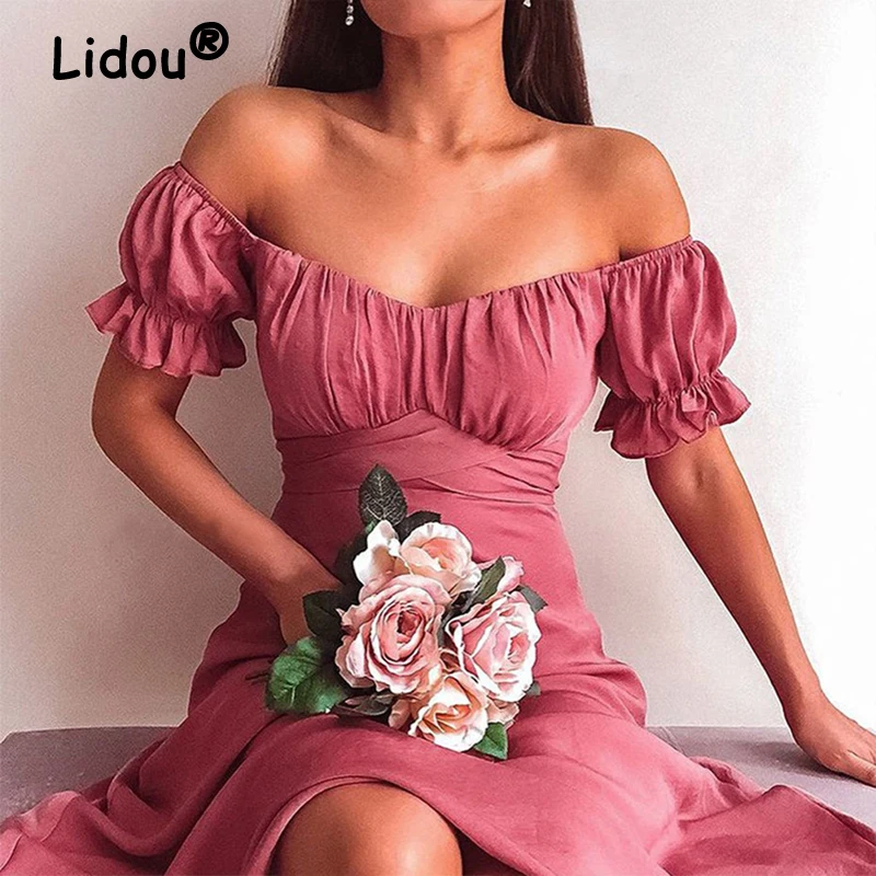 

One Word Collar Petal Sleeve Bohemian Solid Color Folds Skinny Midi Skirts Summer Dress Women 2022 Vintage Club A-line Dresses