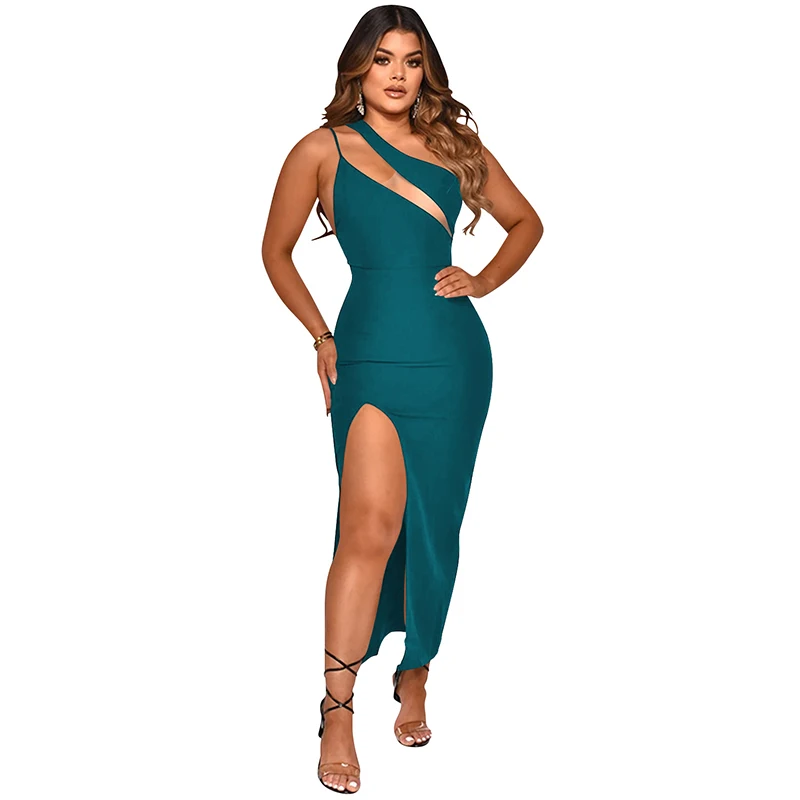 

Women Sexy Patchwork Mesh One Shoulder Sundress Sleeveless Hollow Out Elegant Bodycon Asymmetrical 2022 Party Club Maxi Dresses