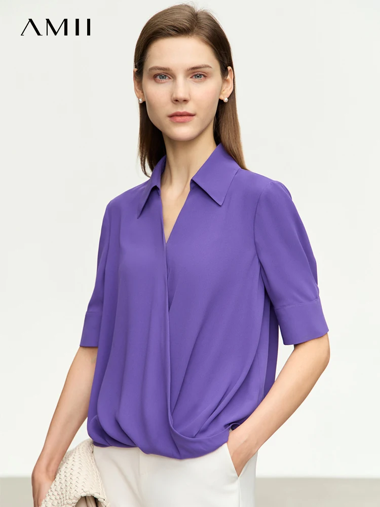 AMII минимализм Модные женские рубашки 2023 новая шифоновая блузка с отложным воротником Топ с коротким рукавом женские рубашки и блузки 12342609