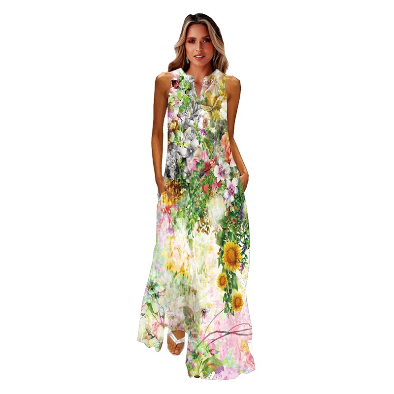 

OMCHION Spring Floral Print Green Dress Women Long Casual Elegant Dresses Summer Woman Sleeveless Girls Beach Maxi Dress Women