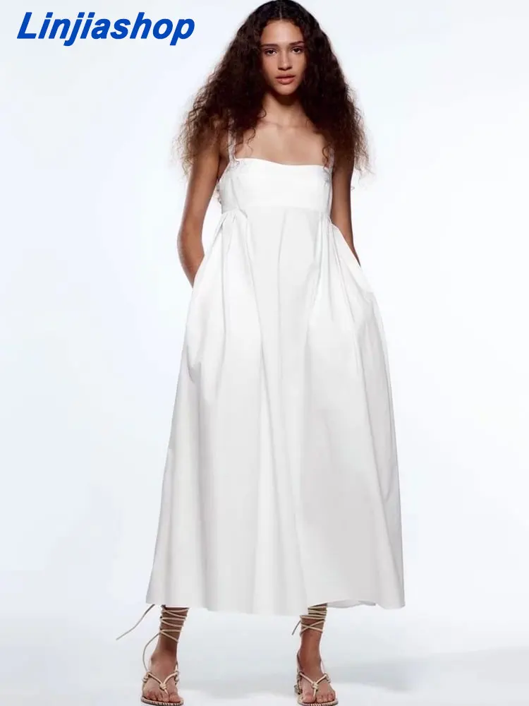 

Summer midi dresses white cotton vintage beach suspenders elegant loose chic simple long dresses outwear 22604