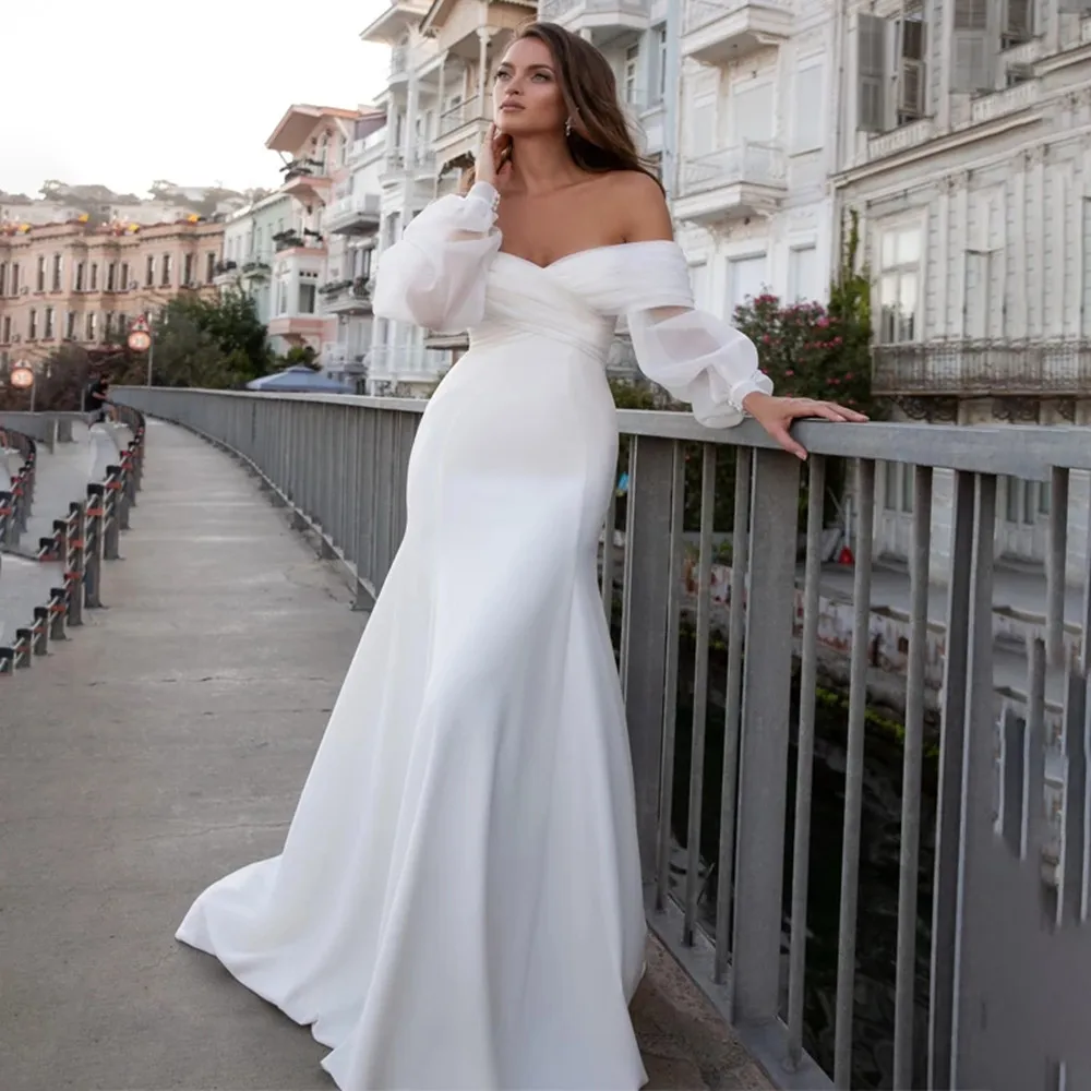 

Satin Mermaid Wedding Dresses Long Fuff Sleeve Sexy Lace Beach Bride Dresses Off The Shoulder Boho Bridal Gowns