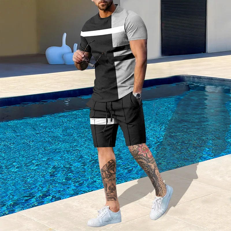 Summer Men Tracksuit 2 Piece Shorts Set Casual Short Sleeve 3D Printed Fashion T-shirt Streetwear Oversized Training Sports Suit