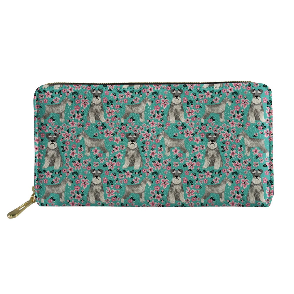 Kawaii Cartoon Schnauzer Floral Print Long Wallet Premium Portable Zipper Clutch Bag Teenager Waterproof Portomonee Decoration