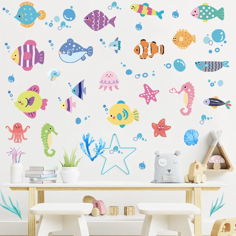 

Wall Stickers Children's Room Wall Decorations Ocean Fish Posters Murals Waterproof Removable Self-adhesive Vinyl Wallpapers