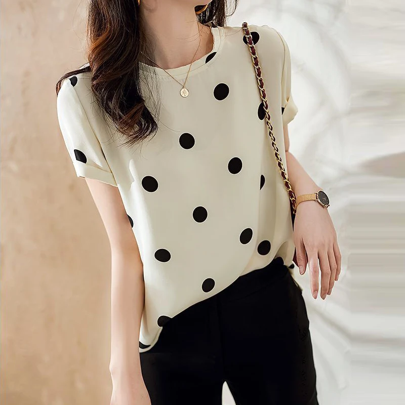 

French polka dot print chiffon shirt women's 2022 summer new design round neck pullover top trendy tops for women